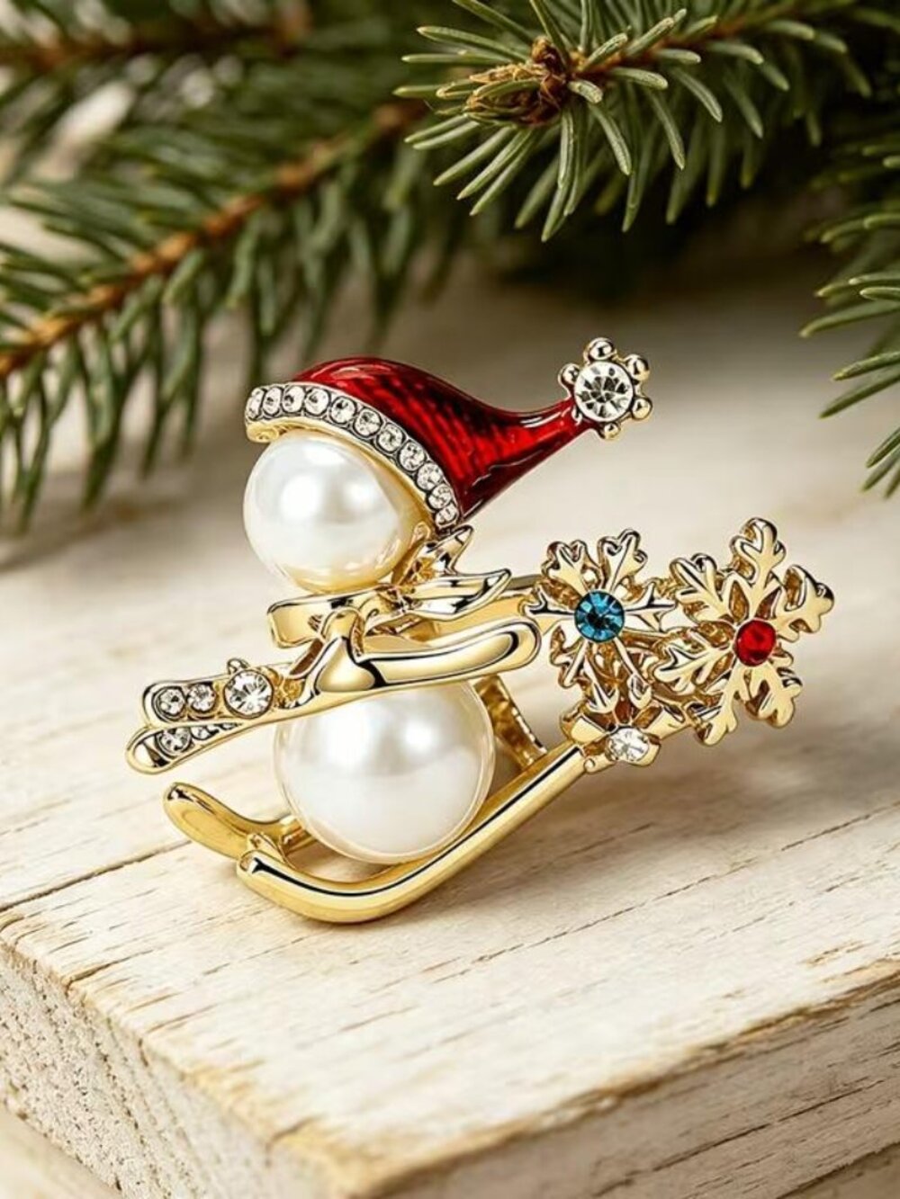 SKIING PEARL SNOWMAN BROOCH